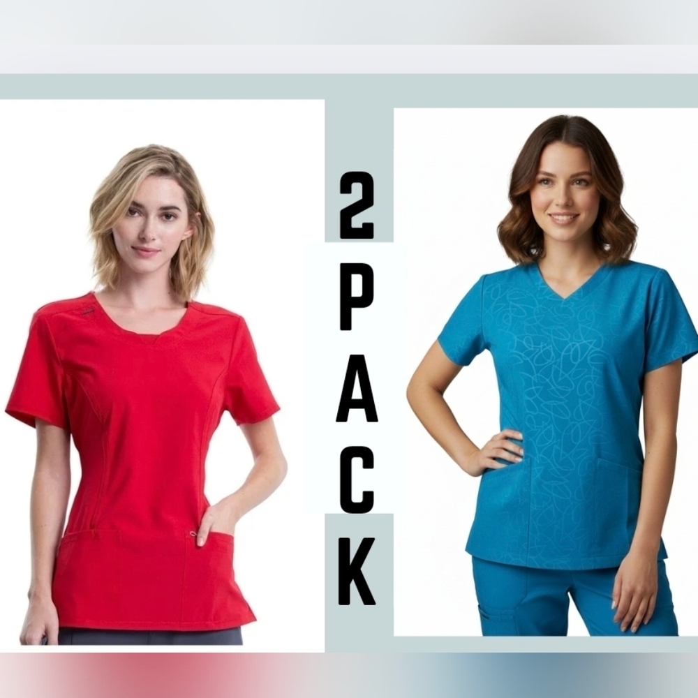 Nurse Scrub TOP LOT OF 2 Cherokee Cherry Infinity & Jockey Teal Favorite Fit